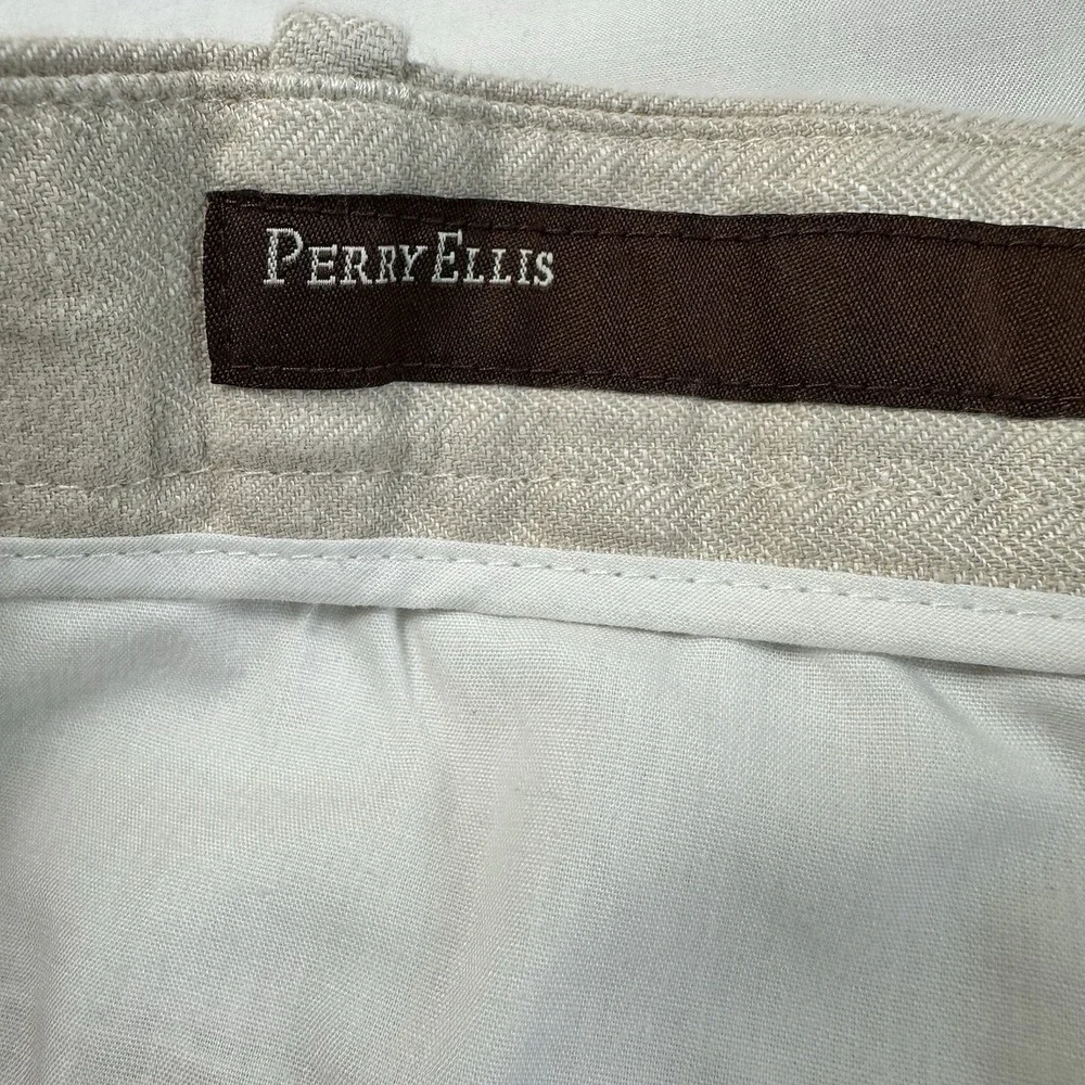 Perry Ellis Linen Blend Classic Fit Pants Men's 40x32 Beige Flat Front Casual